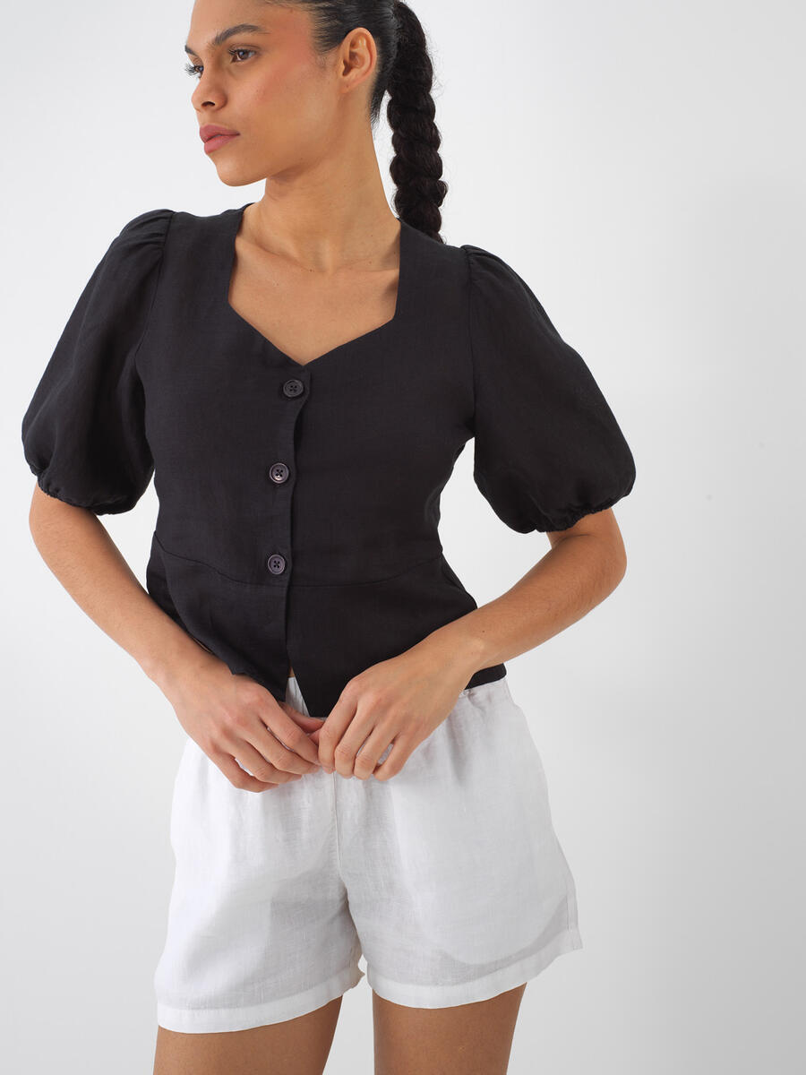 Siyah Regular Fit Keten Basic Bluz