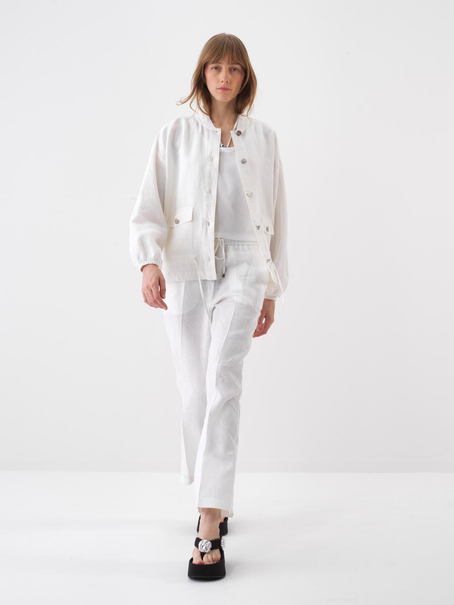 Beyaz Oversize Keten Ceket - 2