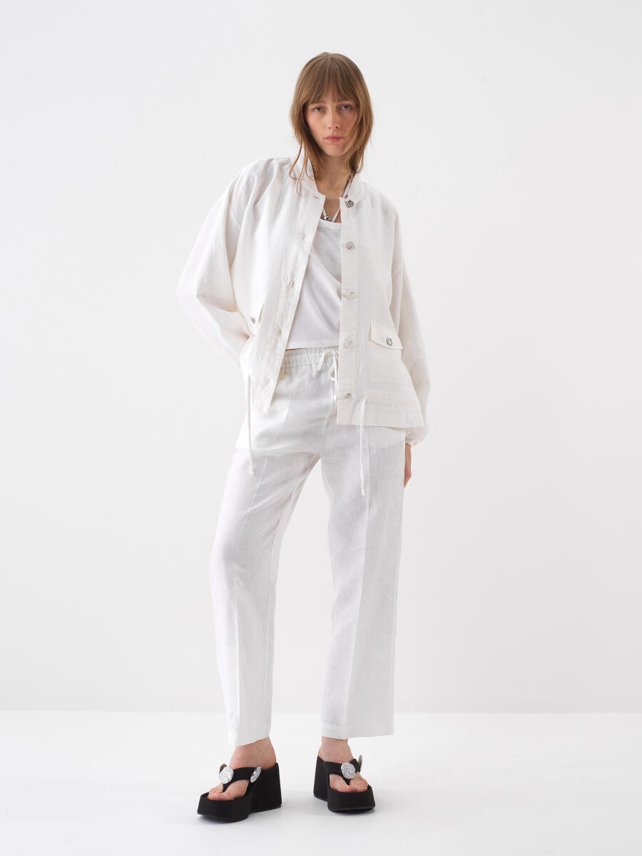 Beyaz Oversize Keten Ceket - 4