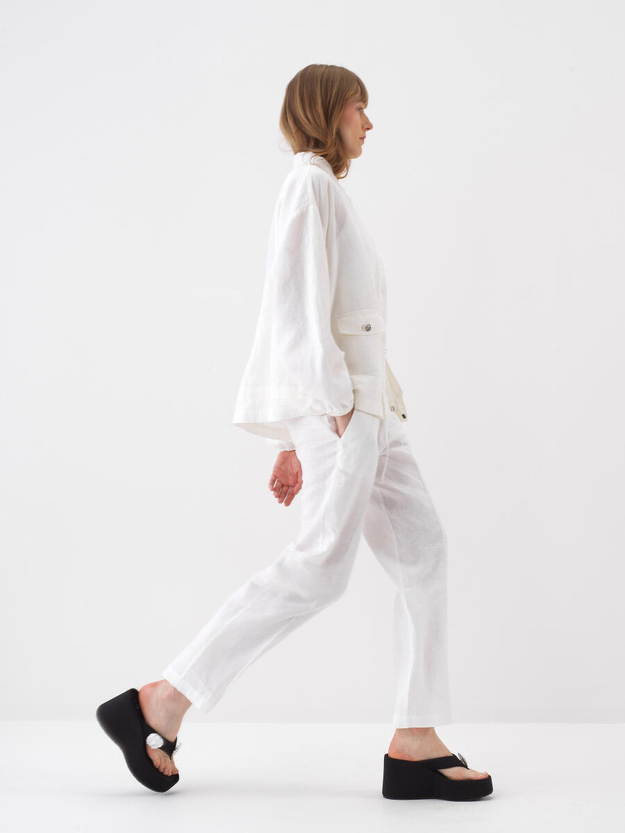 Beyaz Oversize Keten Ceket - 3