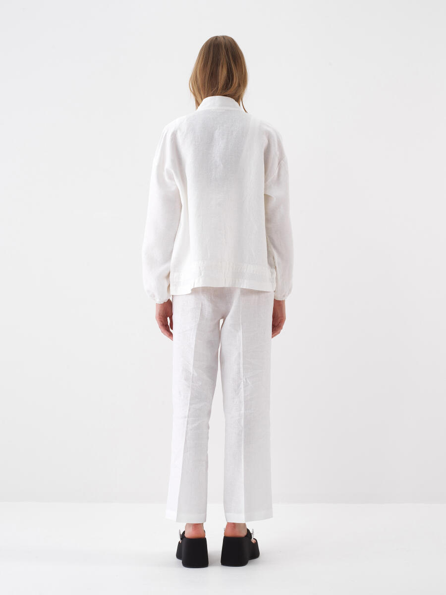 Beyaz Oversize Keten Ceket - 7
