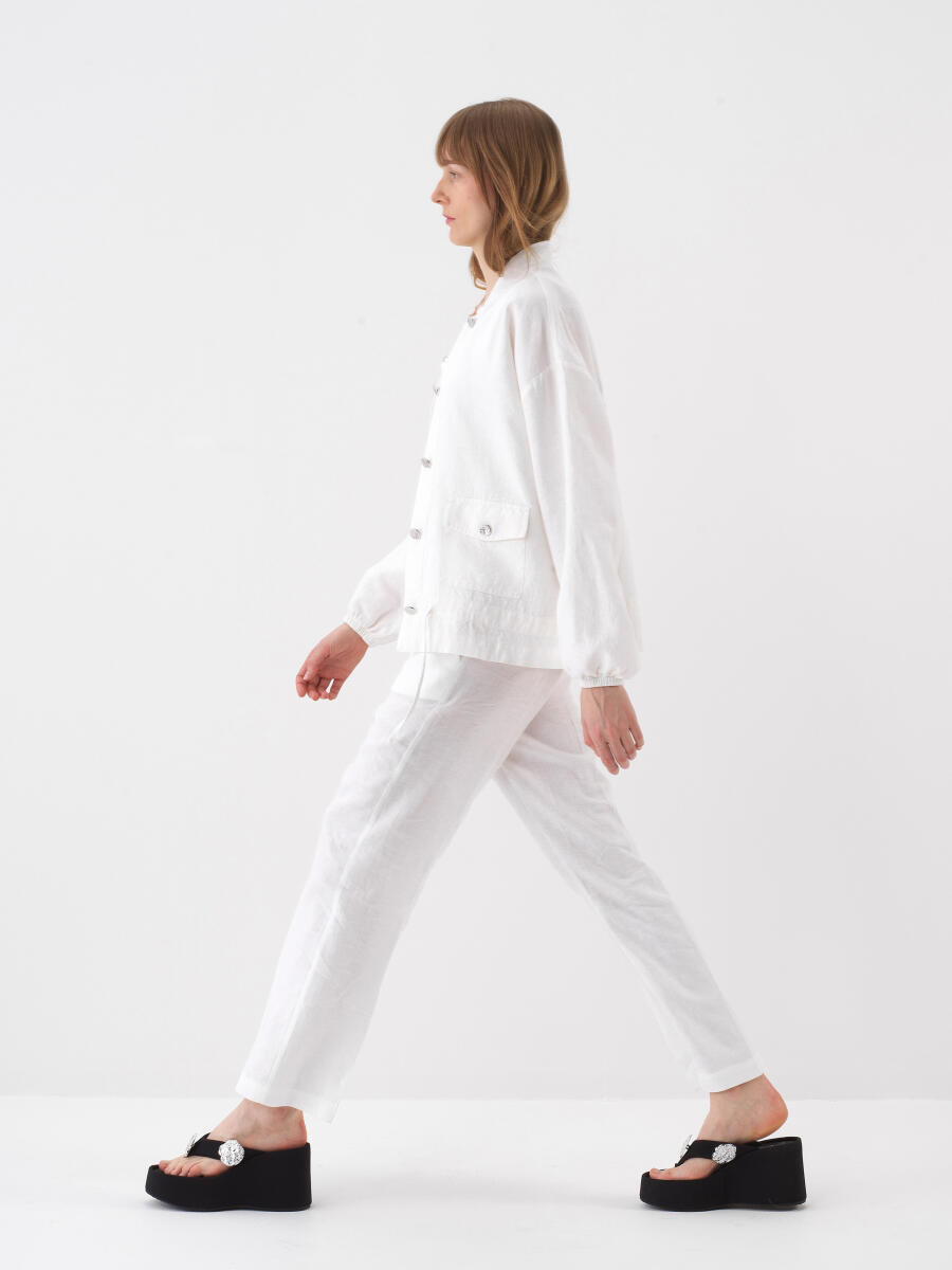 Beyaz Oversize Keten Ceket - 5