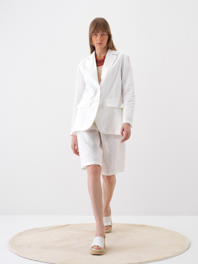 Beyaz Regular Fit Keten Basic Ceket - Xint