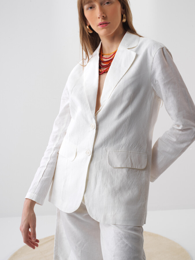 Beyaz Regular Fit Keten Basic Ceket - Xint