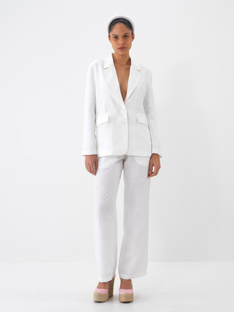 Beyaz Regular Fit Keten Basic Ceket - 2