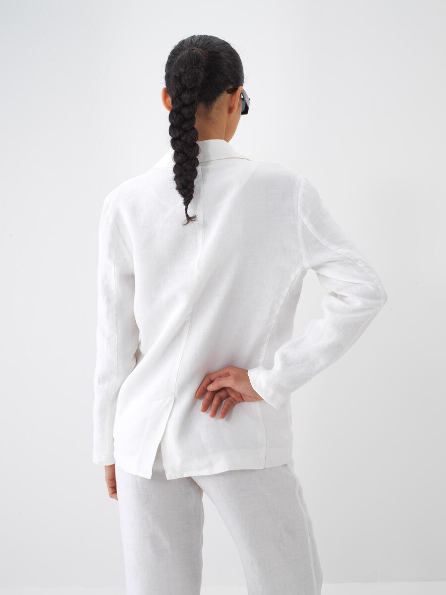 Beyaz Regular Fit Keten Basic Ceket - 4