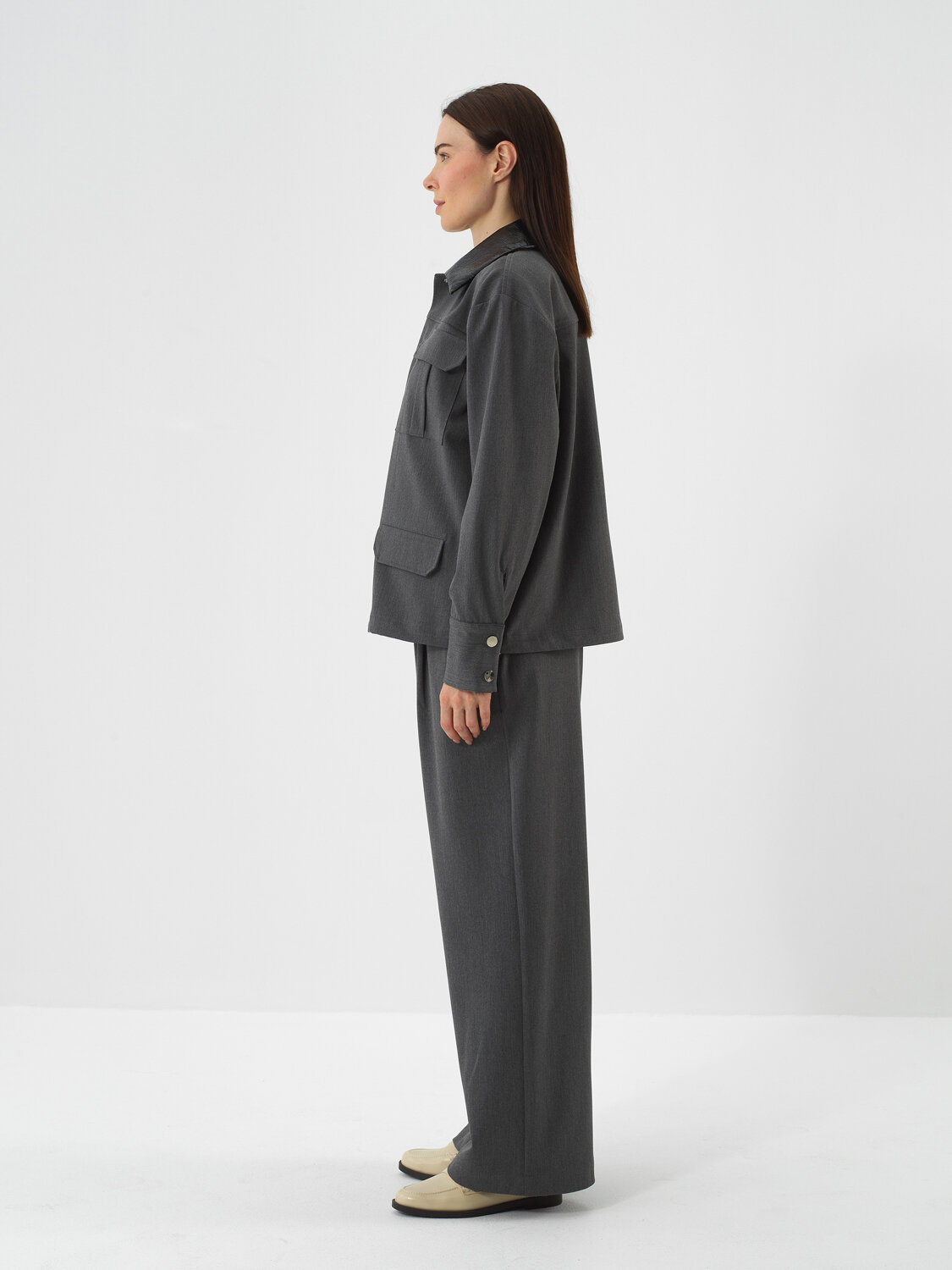 Gri Esnek Dokulu Oversize Ceket - Xint