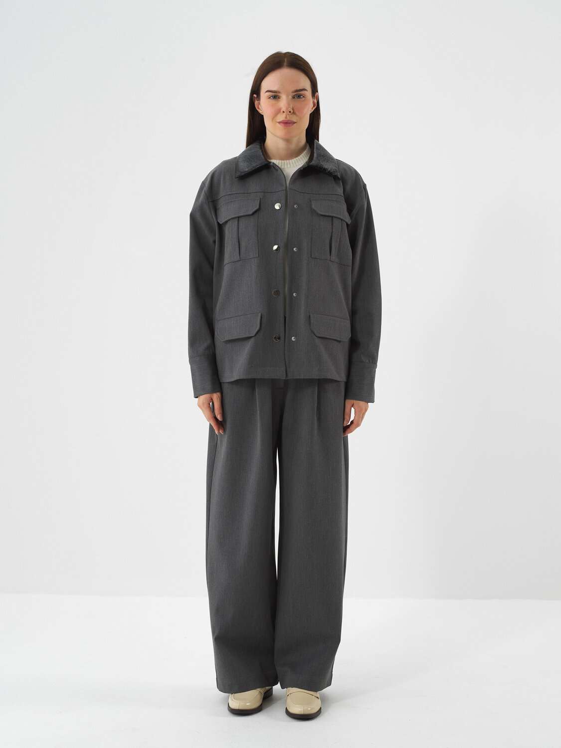 Gri Esnek Dokulu Oversize Ceket - Xint