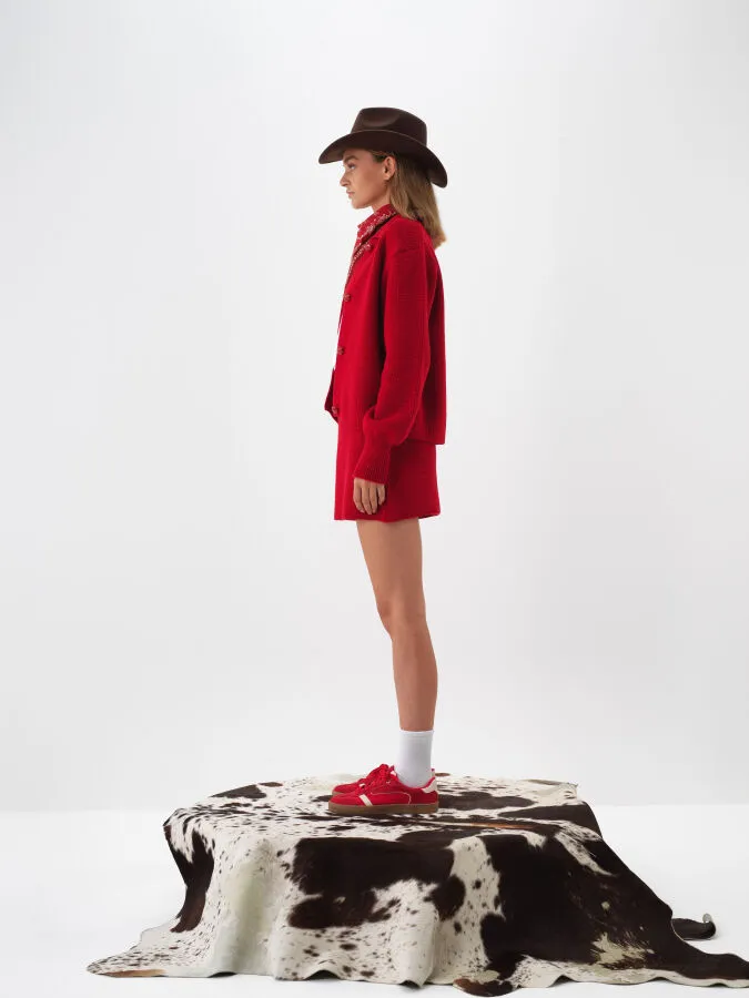 Kırmızı Doğal Yün Dokulu Oversize Ceket - Xint