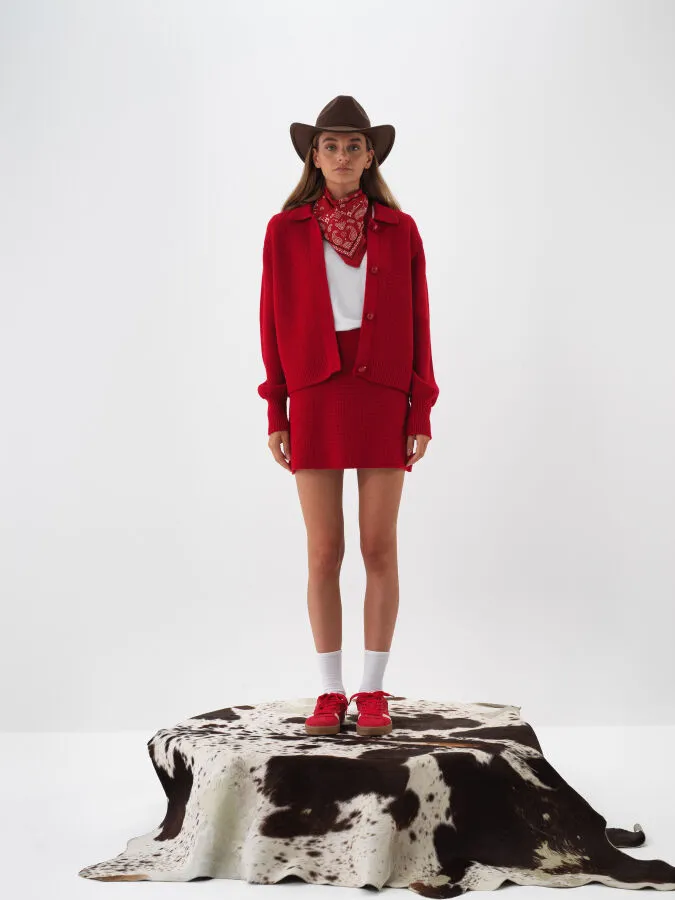 Kırmızı Doğal Yün Dokulu Oversize Ceket - Xint