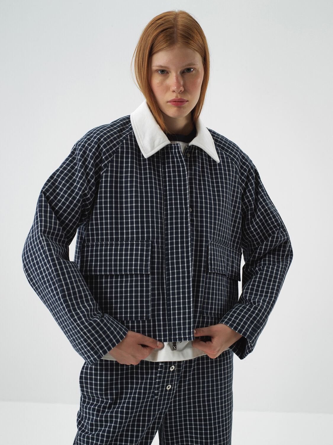 Lacivert Modern Ekose Oversize Ceket - Xint