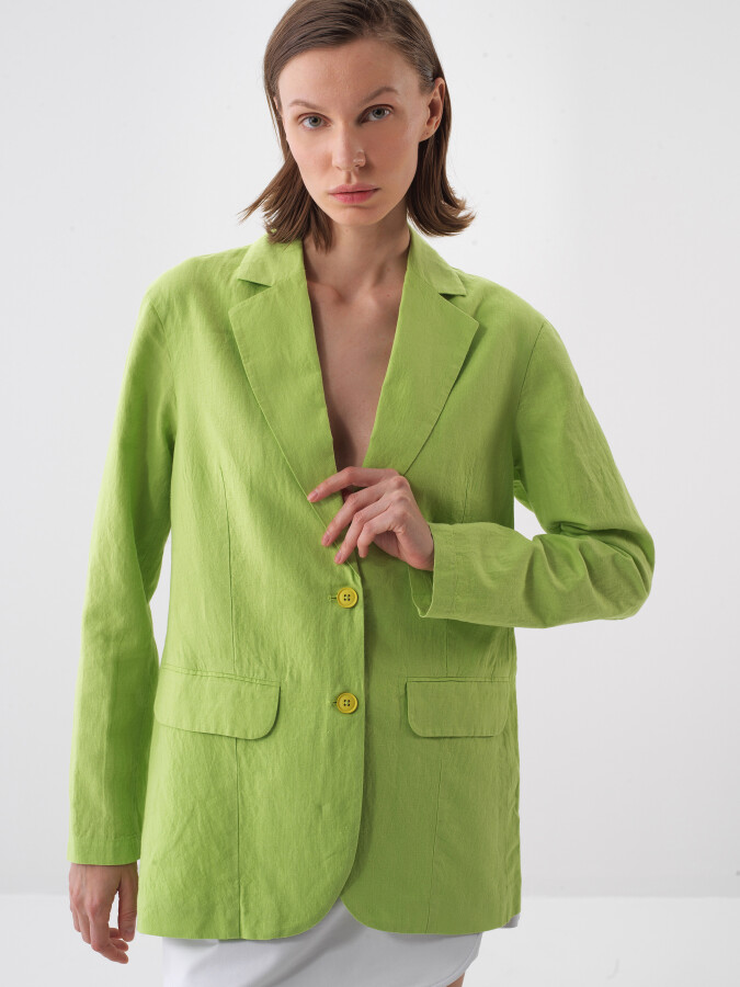 Yeşil Regular Fit Keten Basic Ceket - Xint