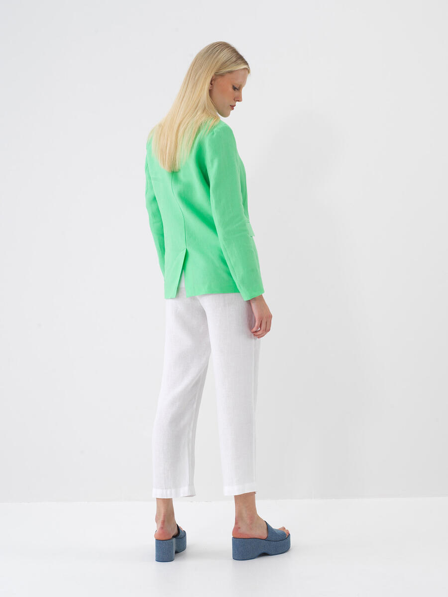 Yeşil Regular Fit Keten Basic Ceket - 4