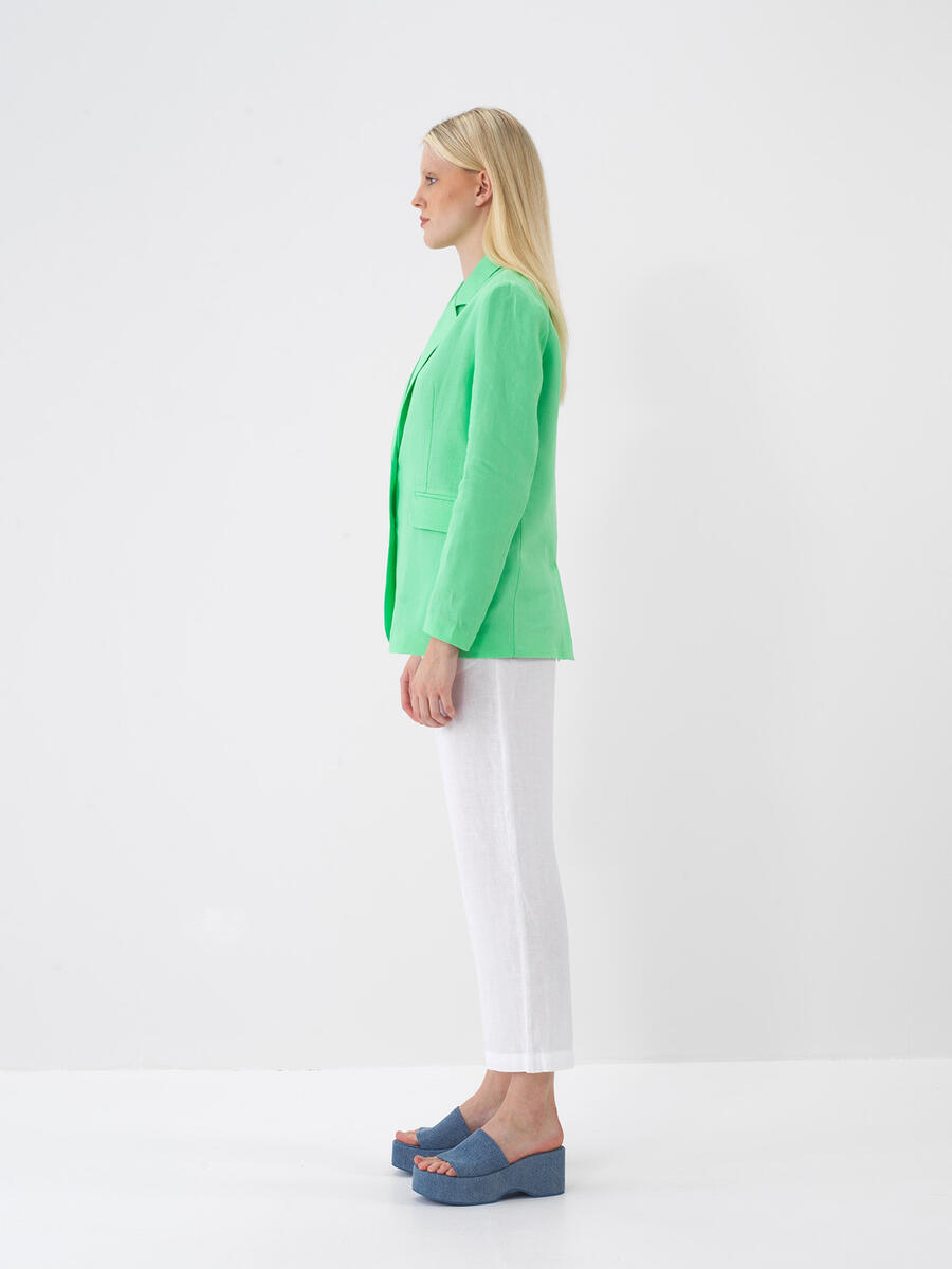 Yeşil Regular Fit Keten Basic Ceket - 3