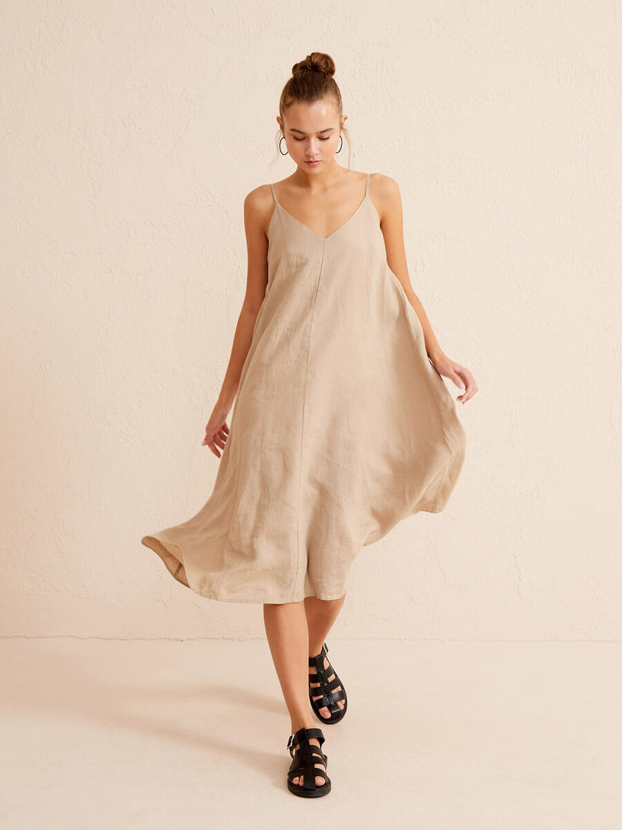 Bej Oversize Keten Elbise - 2