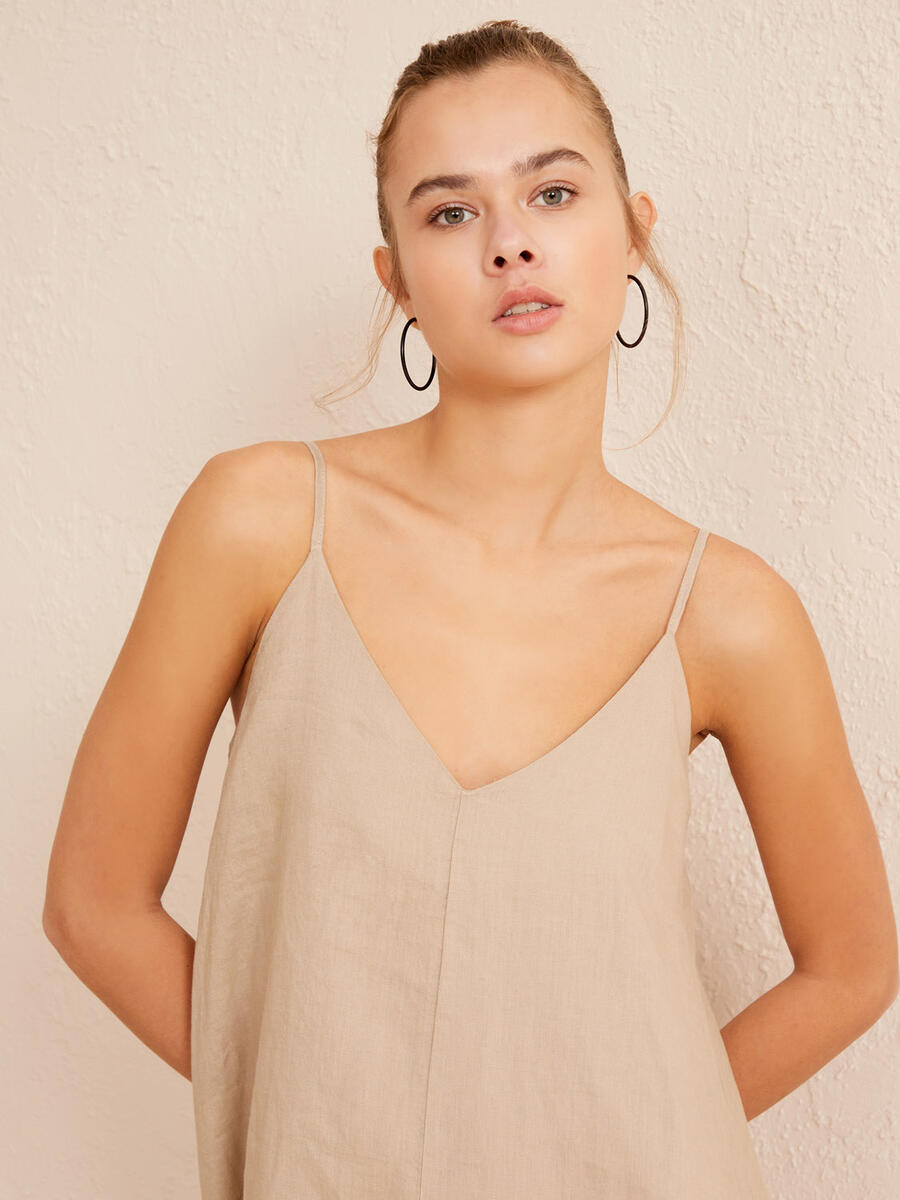 Bej Oversize Keten Elbise - 3