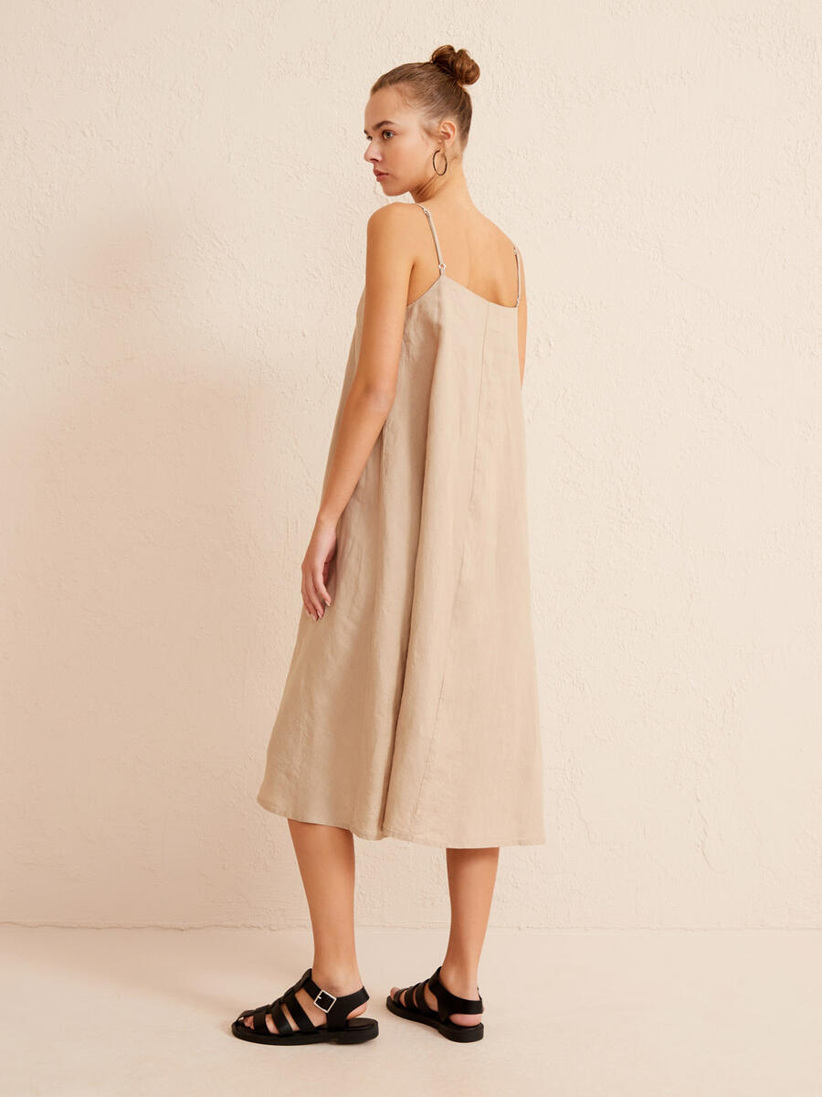 Bej Oversize Keten Elbise - 4