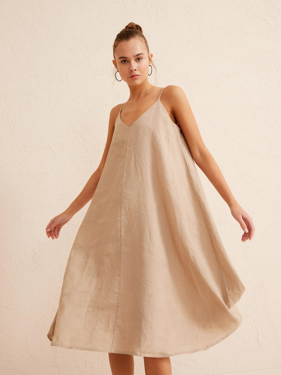 Bej Oversize Keten Elbise