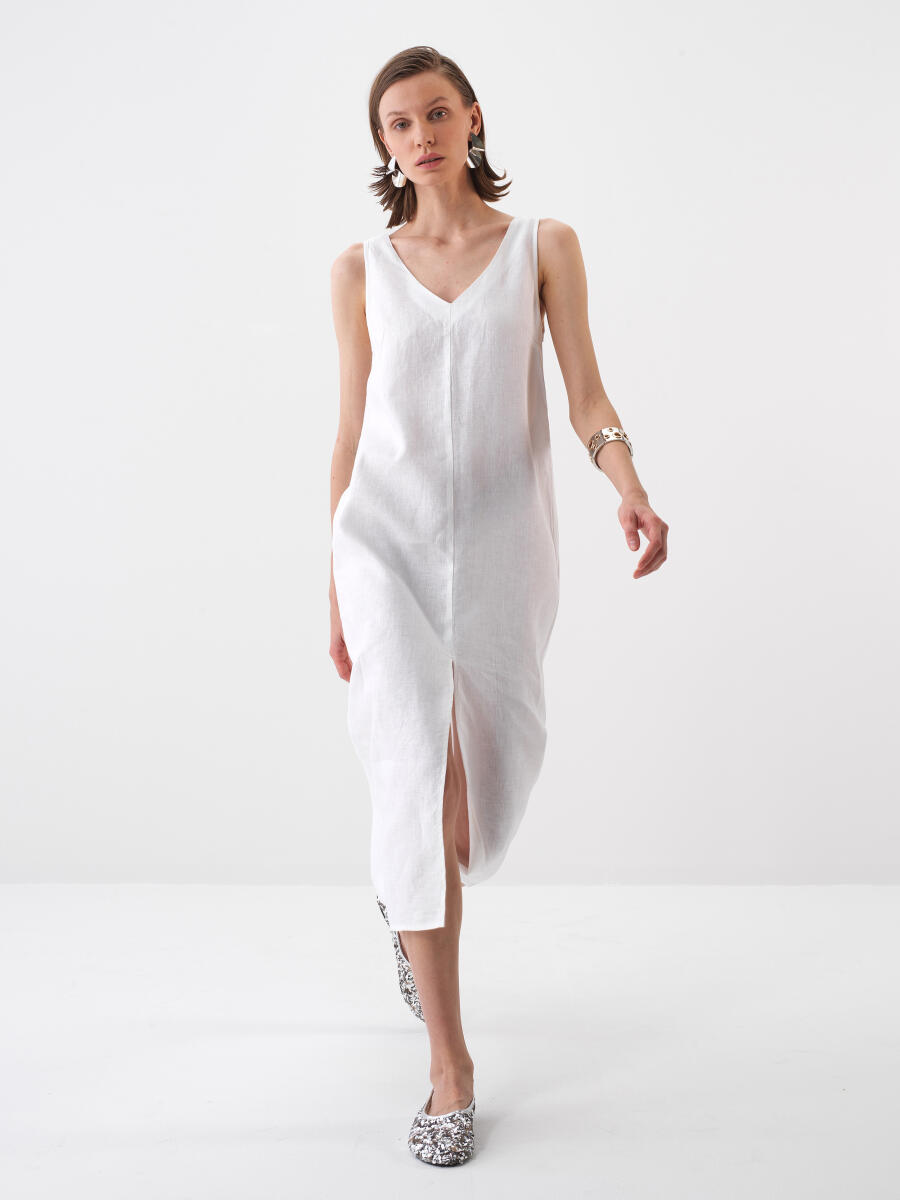Beyaz Regular Fit Keten Elbise - 2
