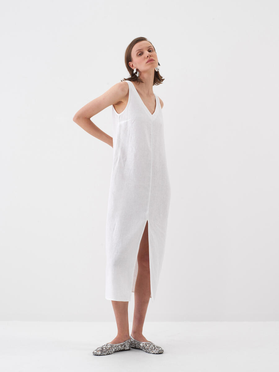 Beyaz Regular Fit Keten Elbise - 5