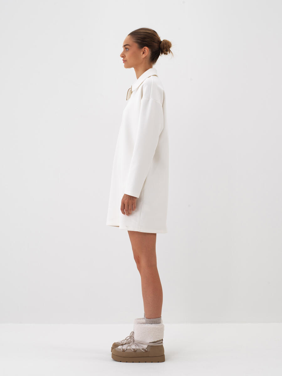 Ekru Pamuk Dokulu Oversize Elbise - 3