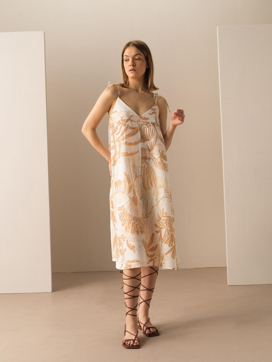 Gold Rengi Regular Fit Keten Elbise - 2