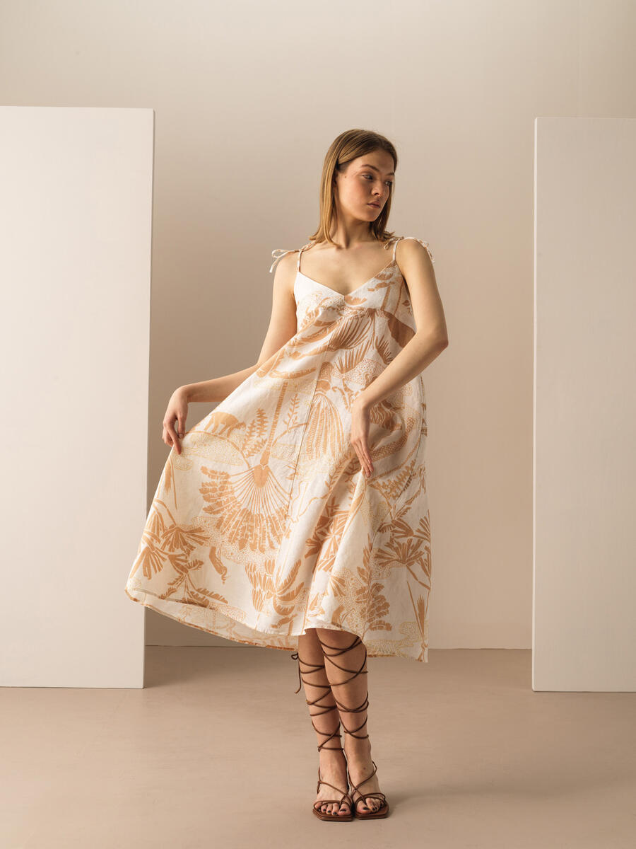Gold Rengi Regular Fit Keten Elbise