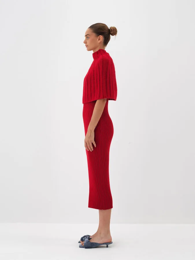 Kırmızı Doğal Yün Dokulu Regular Fit Elbise - Xint