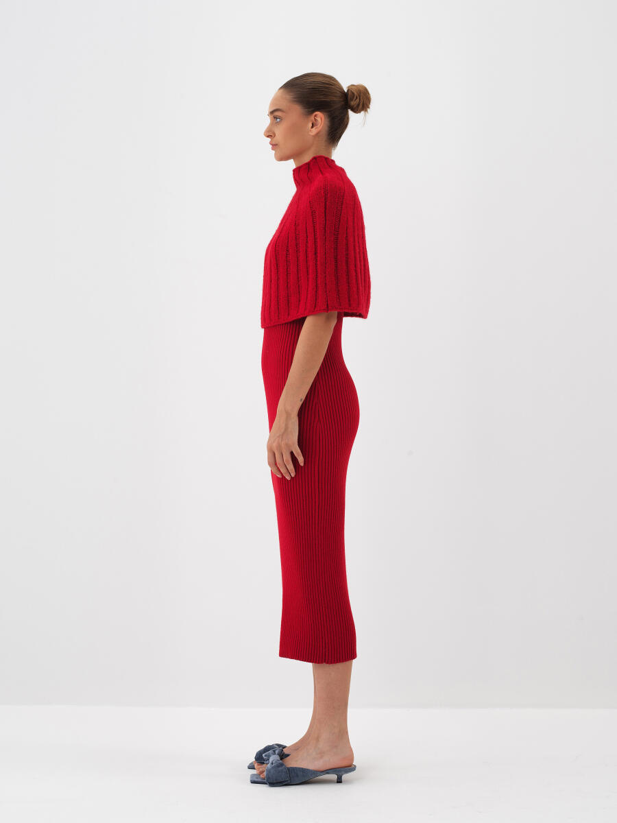 Kırmızı Doğal Yün Dokulu Regular Fit Elbise - 4