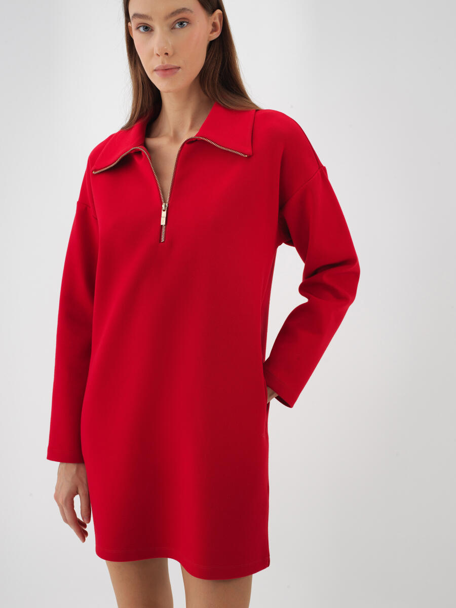 Kırmızı Pamuk Dokulu Oversize Elbise - 2