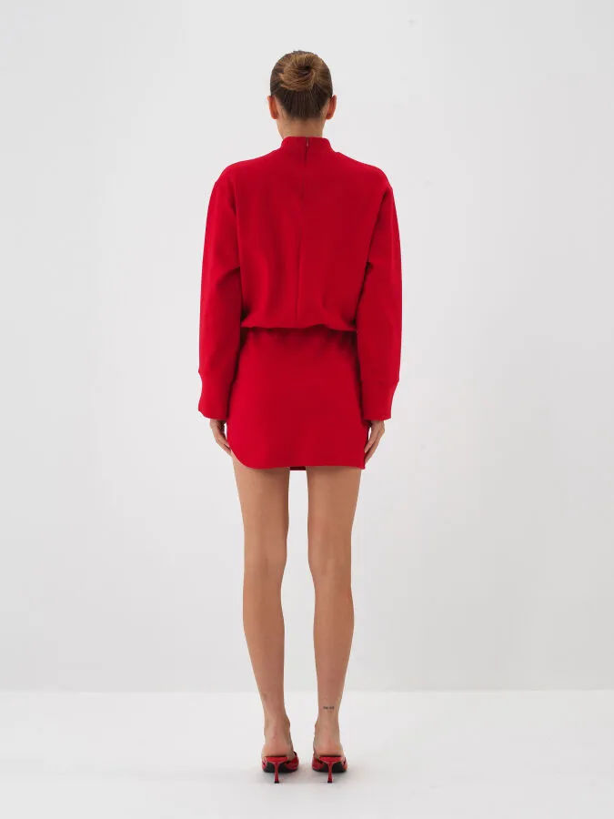 Kırmızı Pamuk Dokulu Oversize Elbise - Xint