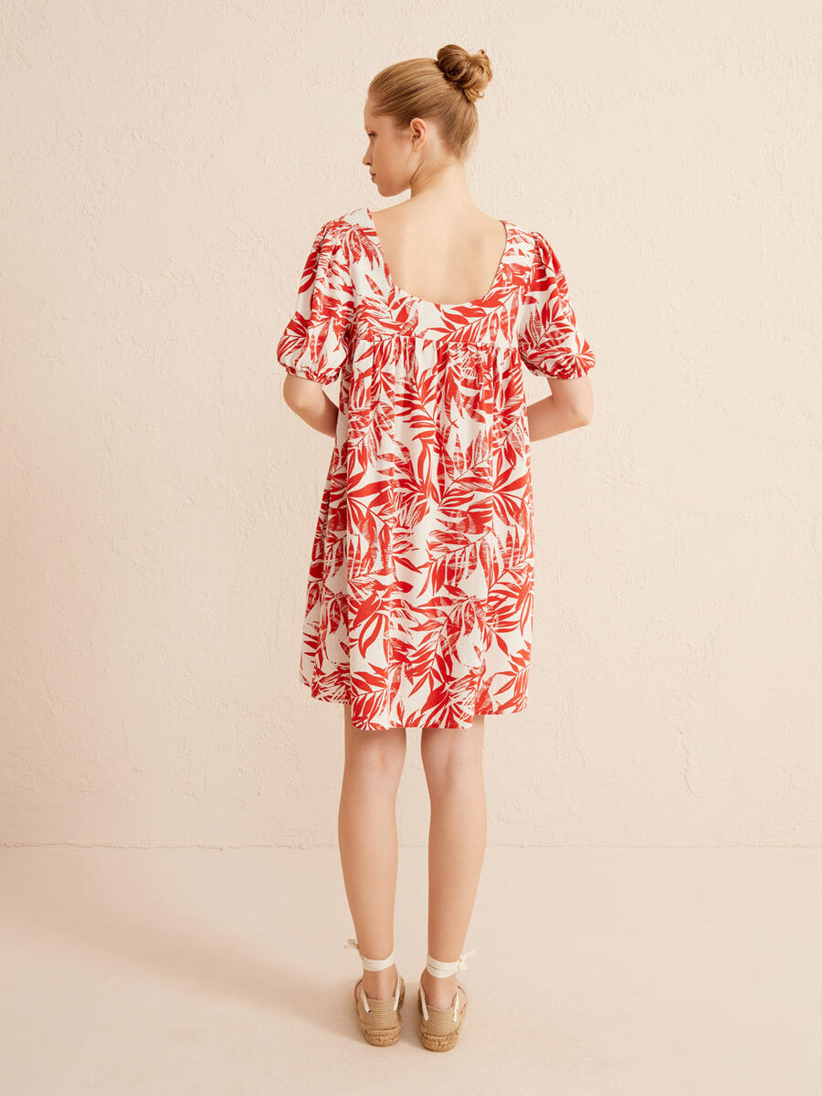 Kırmızı Regular Fit Keten Elbise - 5