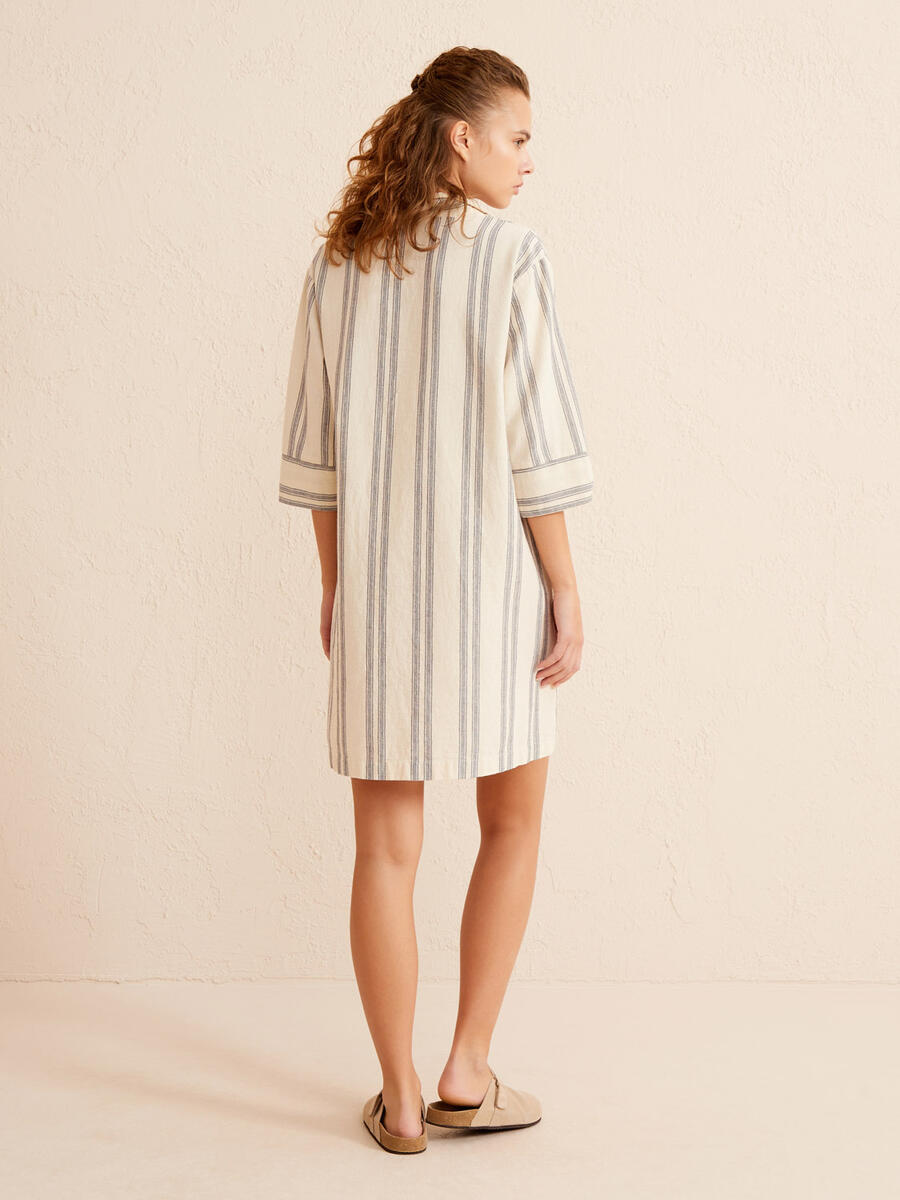 Lacivert Regular Fit Keten Elbise - 4