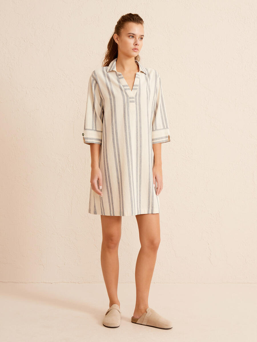 Lacivert Regular Fit Keten Elbise - 3