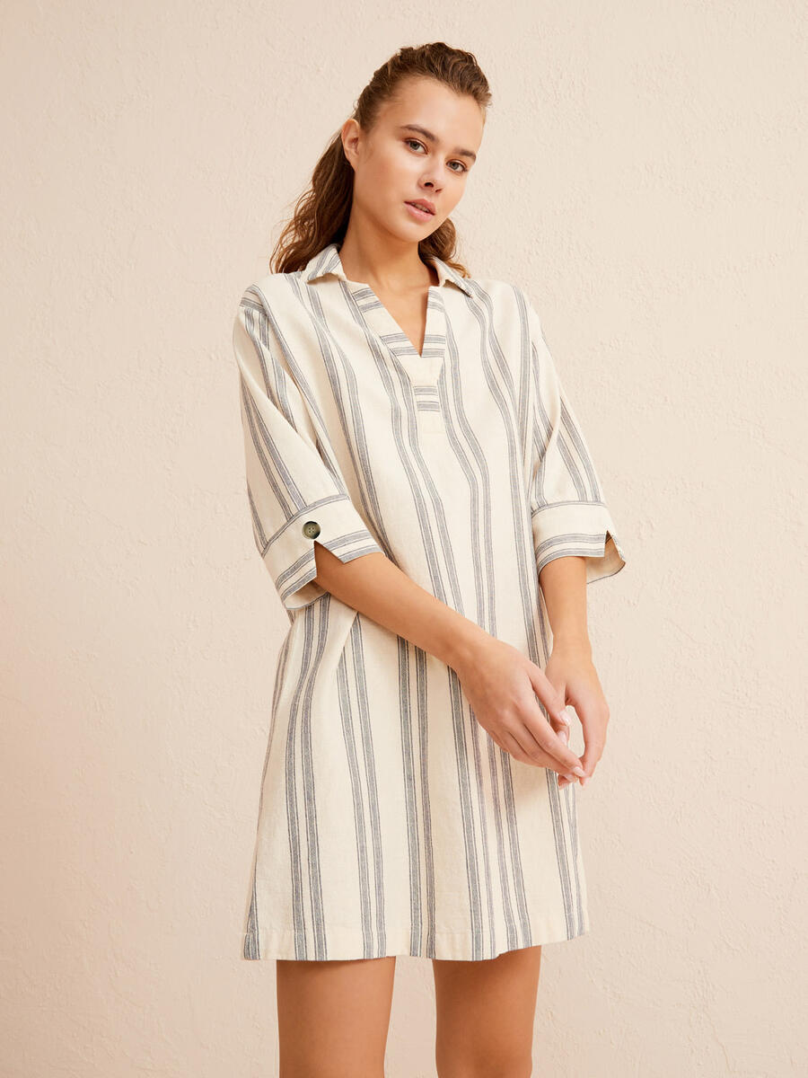 Lacivert Regular Fit Keten Elbise - 2