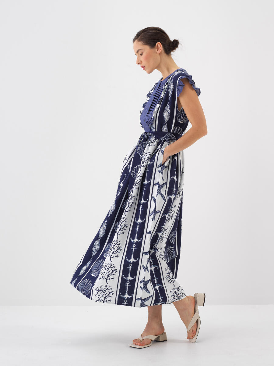 Lacivert Regular Fit Keten Elbise - 3