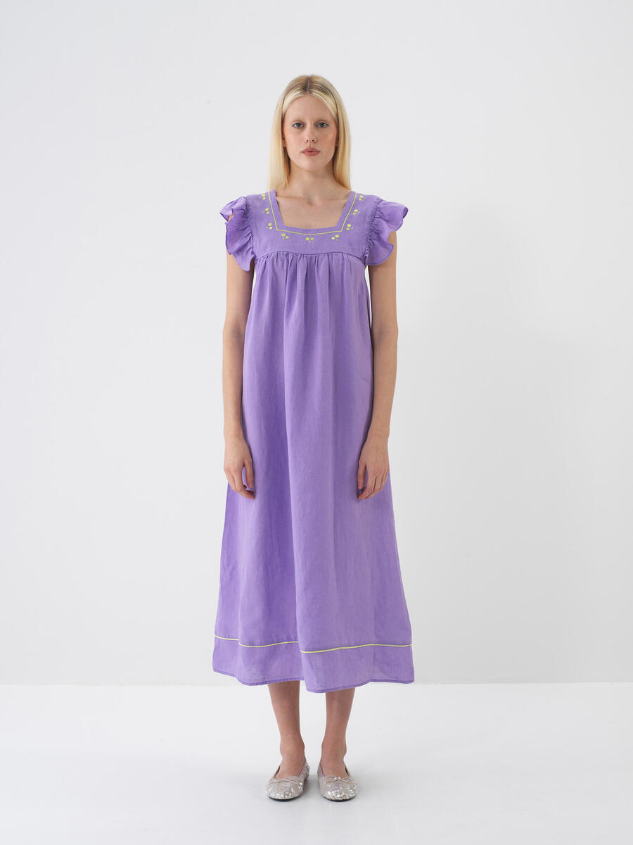 Lila Regular Fit Keten Basic Elbise
