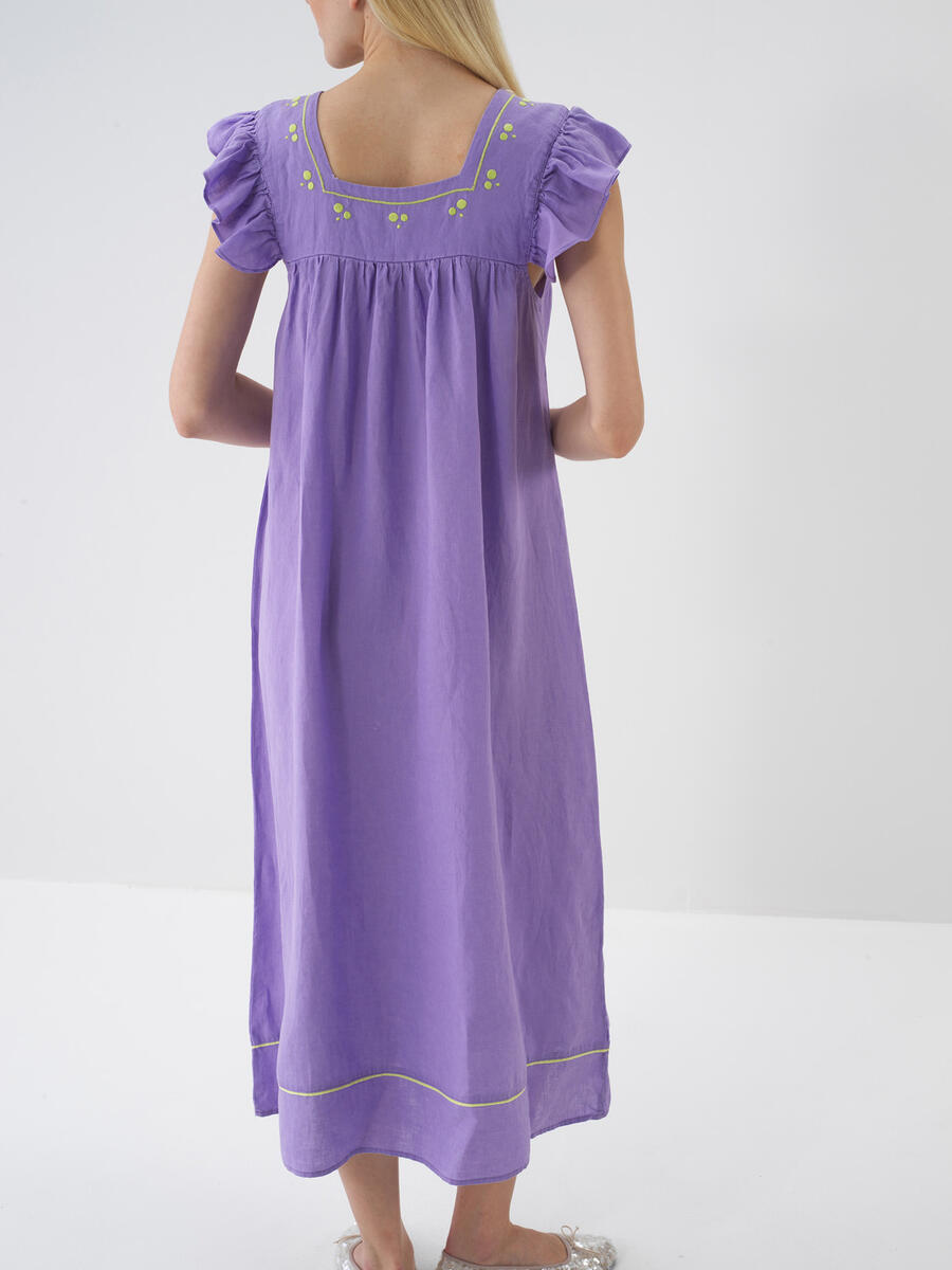 Lila Regular Fit Keten Basic Elbise - 4