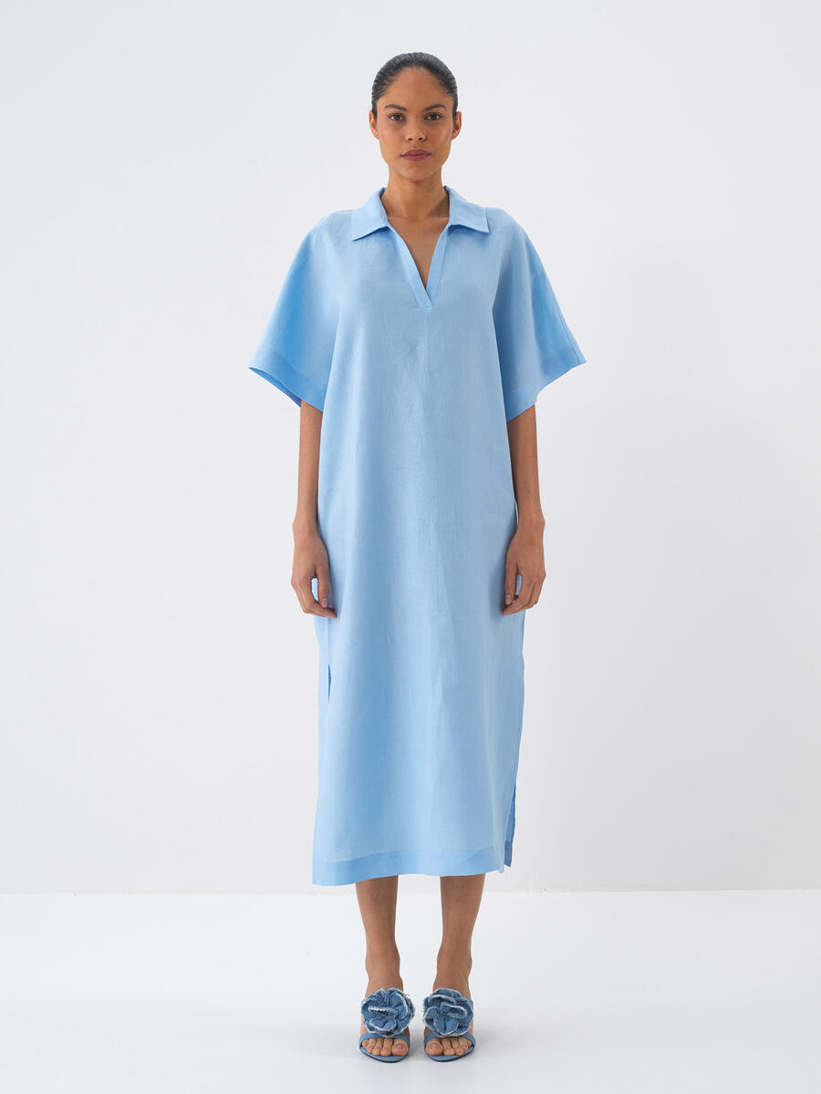 Mavi Oversize Keten Elbise - 2