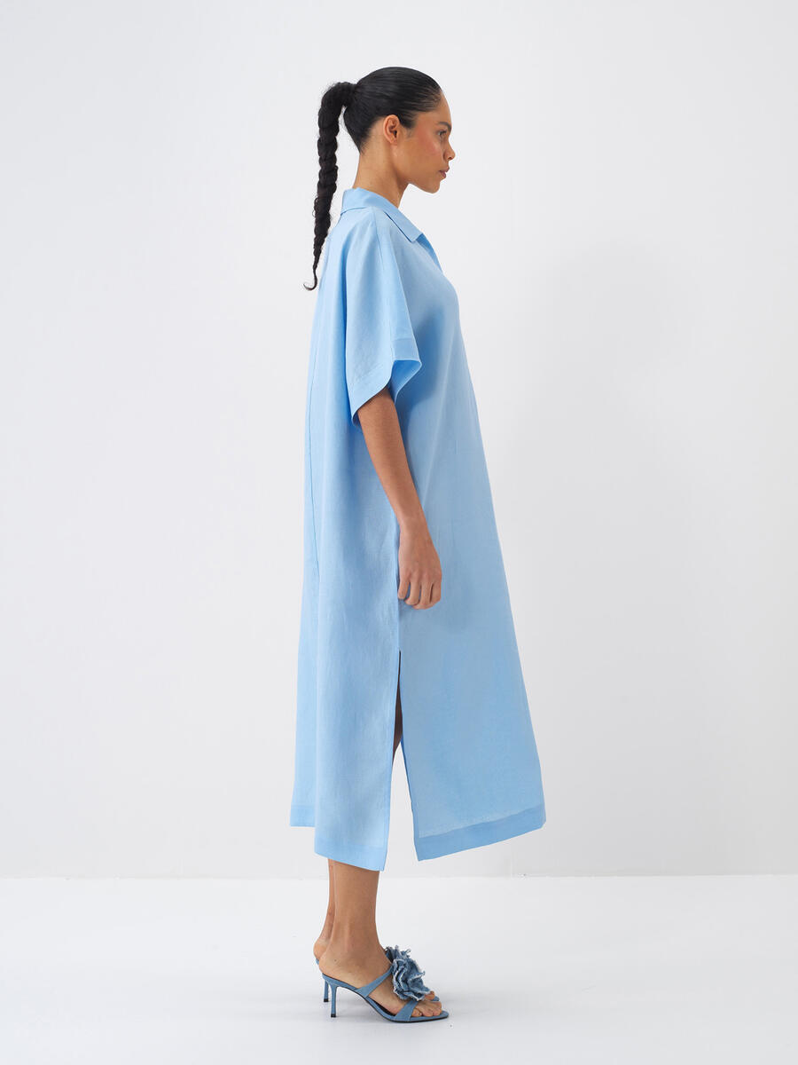Mavi Oversize Keten Elbise - 3