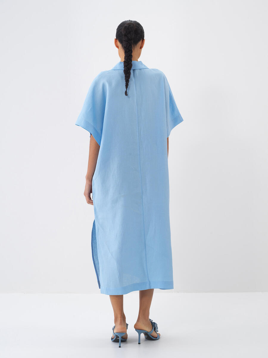Mavi Oversize Keten Elbise - 5