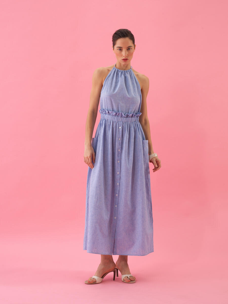 Mavi Regular Fit Keten Elbise - 4