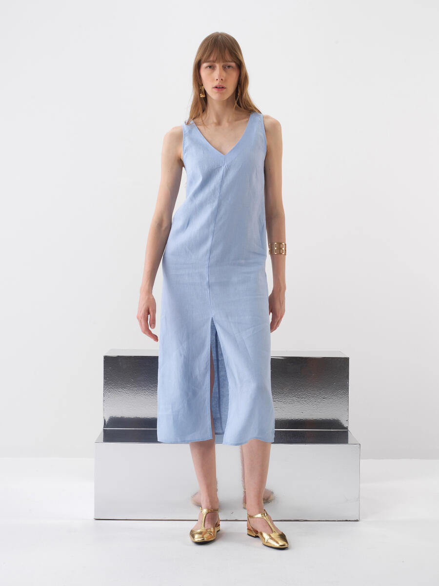 Mavi Regular Fit Keten Elbise - 2