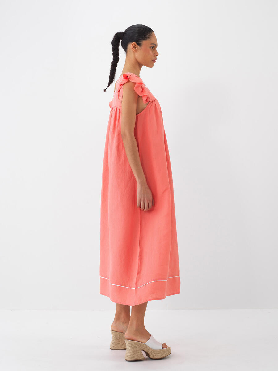 Nar Çiçeği Regular Fit Keten Basic Elbise - 2