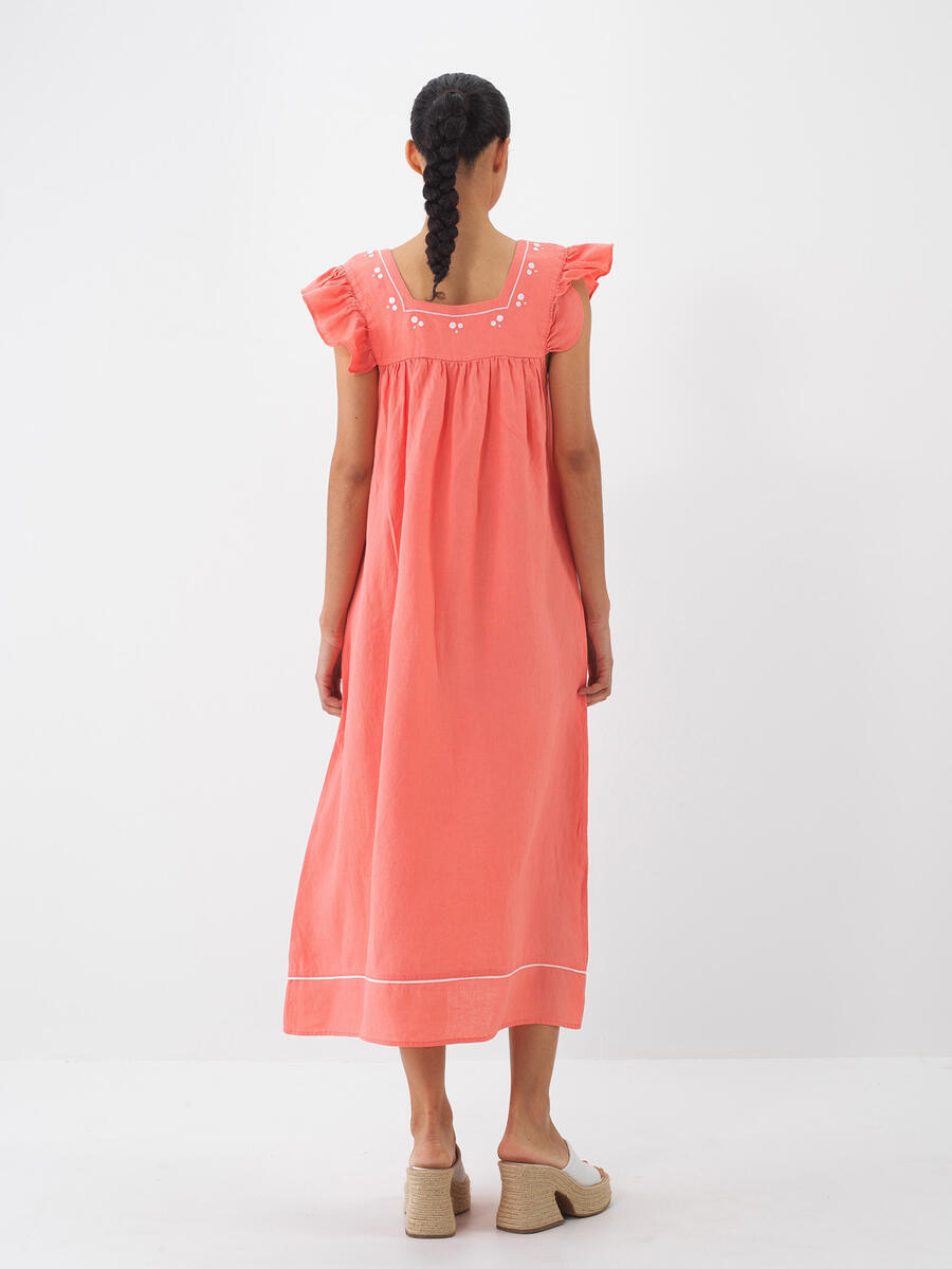 Nar Çiçeği Regular Fit Keten Basic Elbise - 4