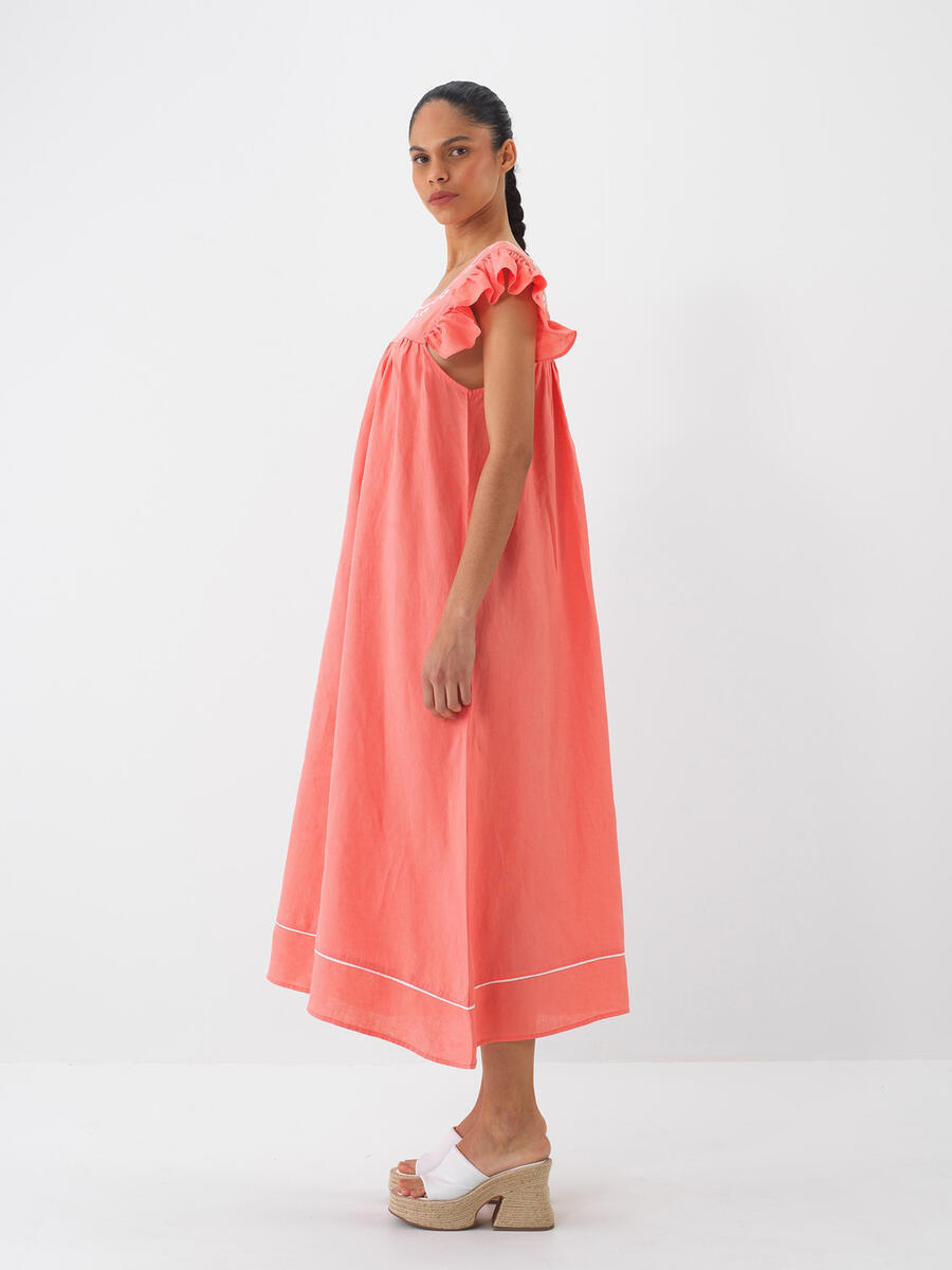 Nar Çiçeği Regular Fit Keten Basic Elbise - 3