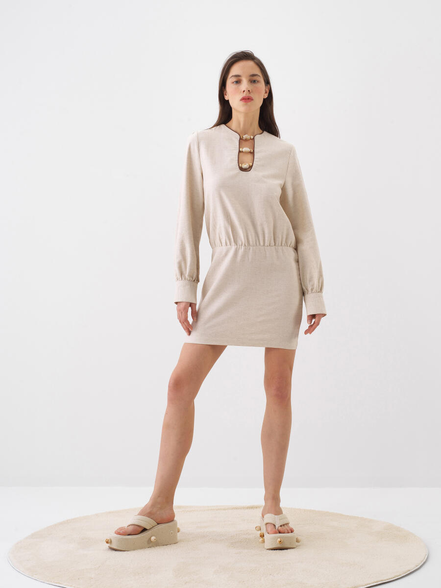 Naturel Regular Fit Keten Elbise - 3