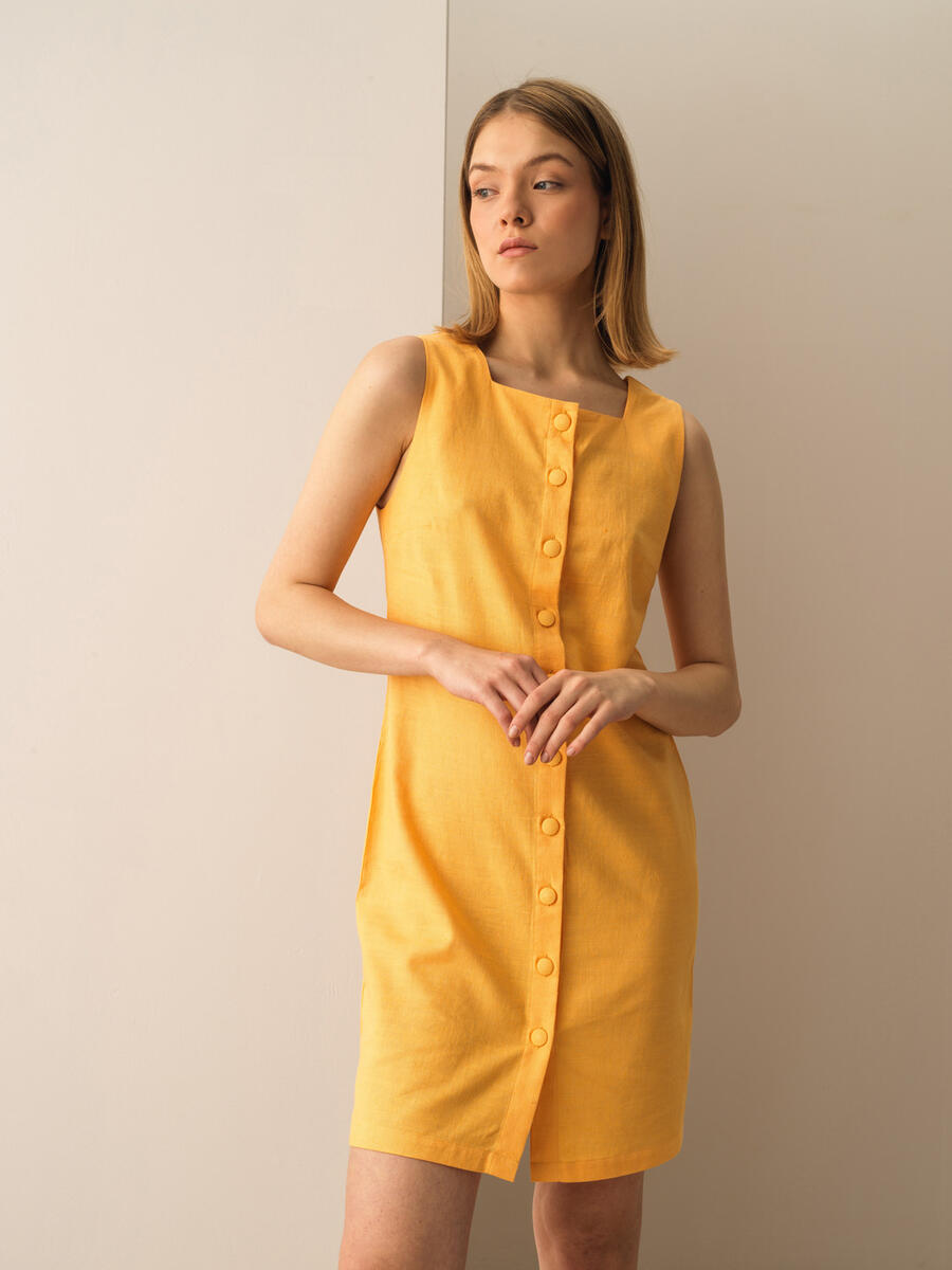 Sarı Regular Fit Keten Elbise - 2