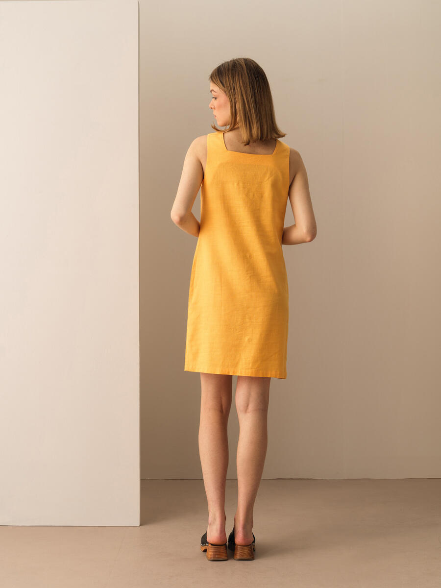 Sarı Regular Fit Keten Elbise - 4