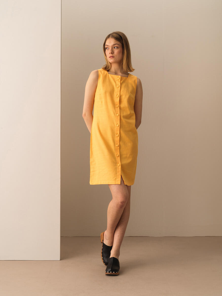 Sarı Regular Fit Keten Elbise